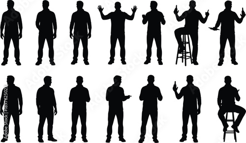 Set of casual man silhouettes in various standing and sitting poses, male figure collection for architectural visualization and CAD vector flat illustration