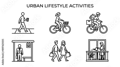 Urban Lifestyle Line Icons Set. Vector Illustrations of City Activities, Commuting, Walking, Cycling, and Delivery. Minimal Editable Stroke Outline Pictograms.
