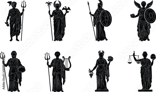 Ancient Greek gods and goddesses silhouette collection with symbols, deity figures for history education cad drawing flat vector illustration set