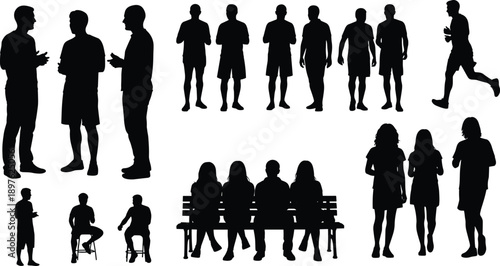 People in park and urban activities set, silhouettes of men talking running and sitting on bench for architectural visualization cad drawing flat vector illustration