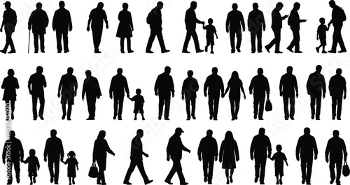 Collection of black silhouettes of people walking, standing, holding hands, families with children and elderly individuals isolated on white background vector illustration.