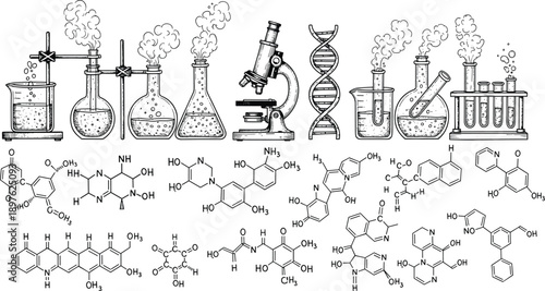 Hand drawn science lab equipment and chemical structures set, laboratory research icons for education cad drawing flat vector illustration set