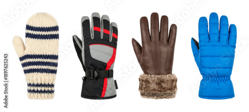Various winter gloves and mittens displayed for cold weather protection, including a knitted mitten, a ski glove, a leather glove with fur, and a blue puffer glove
