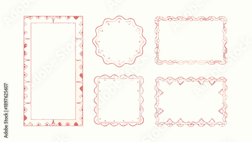 Red floral border frames, rectangular and circular, for mockup or overlay effect, isolated on transparent background, png