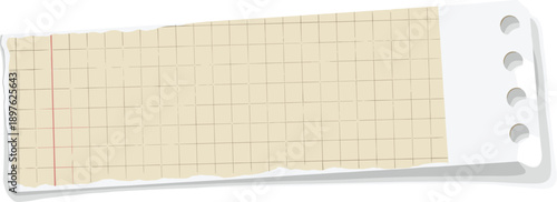 Ripped Out Grid Paper Sheet with Holes for Ring Binder, Beige Squared Paper Scrap for Retro Notebook, Study Materials Background, Torn Page for Mockup Design