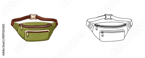 Waist pack sketch in flat cartoon style with olive green and brown colors represents compact travel accessory with adjustable belt buckle and two zipper pockets on white background