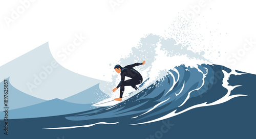 Energetic Surfer Riding A Crashing Ocean Wave Dynamic Action Shot