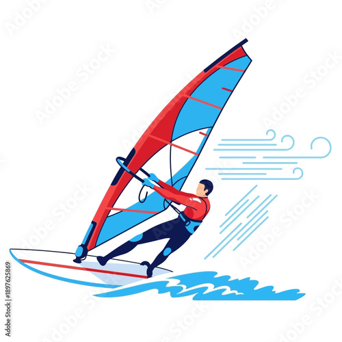 Energetic Wind Surfer Riding Waves With Blue Sail Wind Motion Graphic Illustration