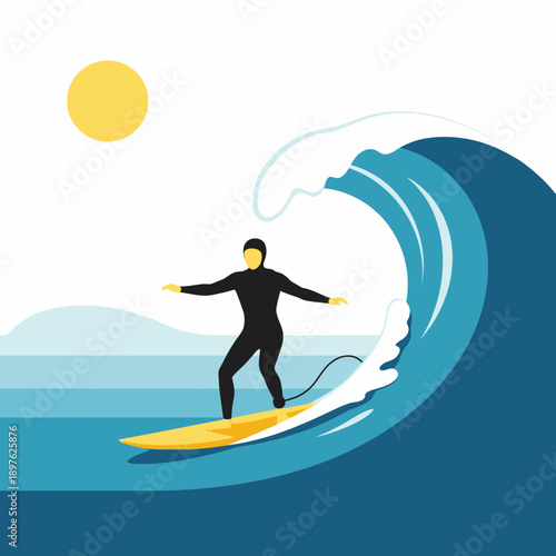 Energetic Surfer Riding A Powerful Ocean Wave Under A Bright Sunny Sky Illustration