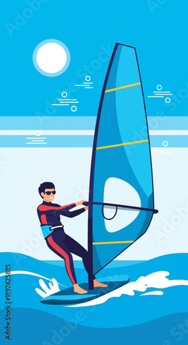 Energetic Windsurfer Rides Waves Under Sunny Sky Adventure