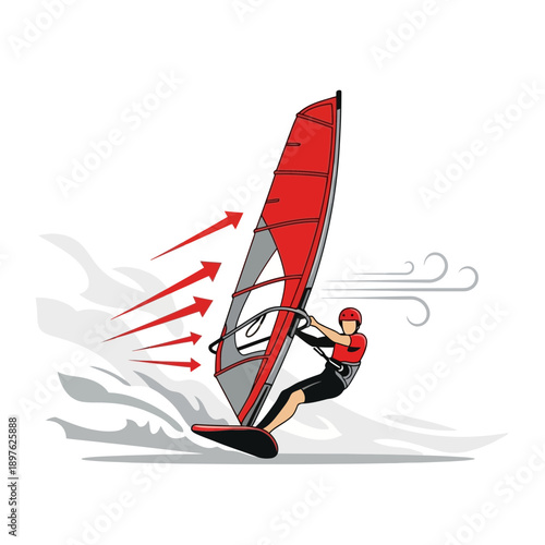 Energetic Windsurfer Riding Waves With Dynamic Wind Arrows And Spray