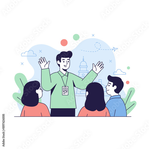 Engaging Tour Guide Leading A Group Of Enthusiastic Tourists Through An Urban Landscape