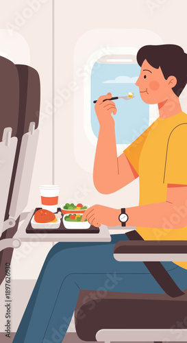 Enjoying A Delicious Meal During An Airplane Flight In The Sky