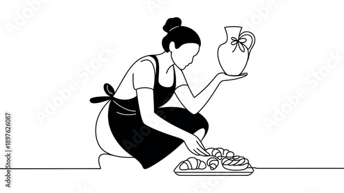 A woman in an apron is preparing a tray of pastries and holding a decorative jug in a simple line drawing.