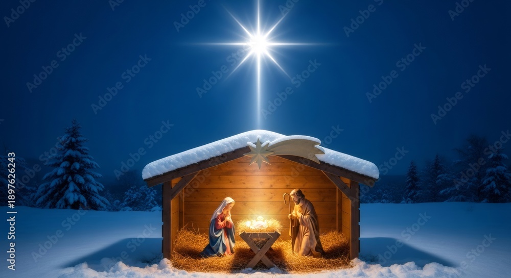 Fototapeta premium Nativity scene with Mary, Joseph, and baby Jesus in a stable under the guiding star. Christian Christmas holiday representation for religious celebration.