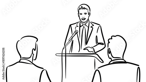 A man in a suit giving a speech at a podium to an audience of two listeners.