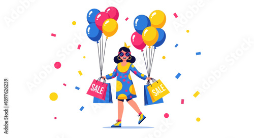 Excited Shopper Celebrating with Balloons and Sale Bags on White
