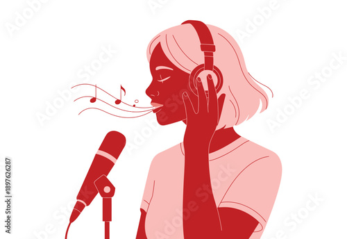 A woman wearing headphones sings into a microphone with musical notes flowing from her mouth.