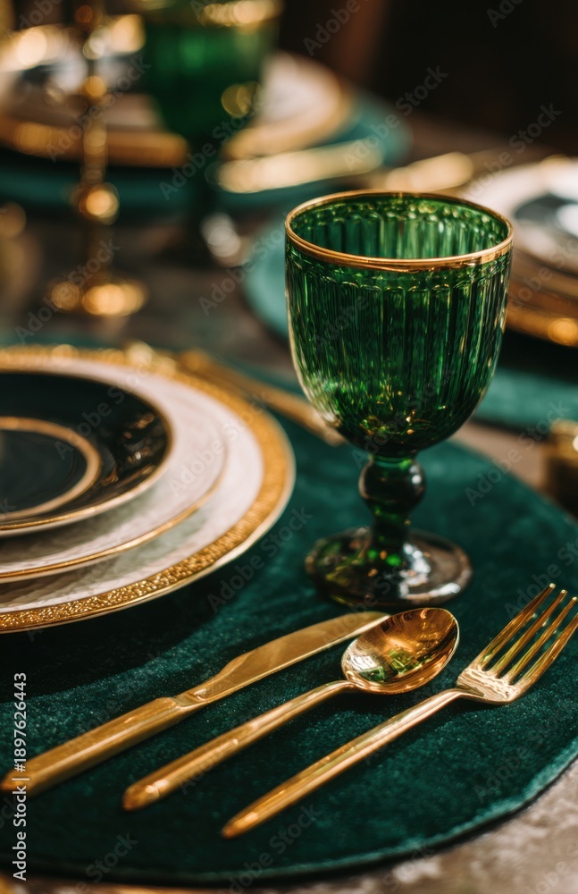 Fototapeta premium Emerald Glass Goblet with Gold Flatware on Dark Green Velvet