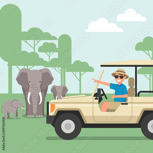 Exciting Safari Adventure Exploring Wildlife In A Jeep Looking At Elephants