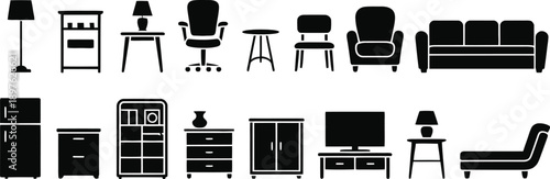 Black Silhouette Icons of Household Furniture and Decor Items