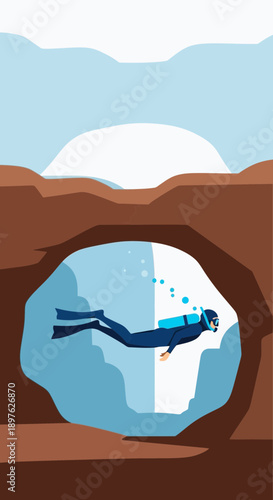 Explore Underwater Cave Depths With Solo Diver Exploring Submerged Geological Formations