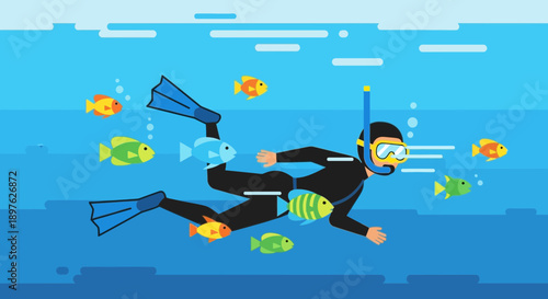 Explore Vibrant Underwater Worlds With A Diver Surrounded By Tropical Fish