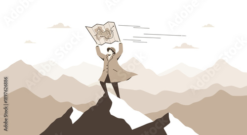 Explorer Ascends Summit Holding Map High Above Vast Mountain Ranges