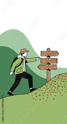 Explorer At Forked Path Makes Crucial Decision On Mountain Trail