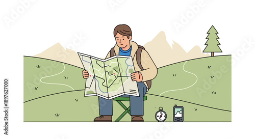 Explorer Lost With Map And Compass In Scenic Landscape