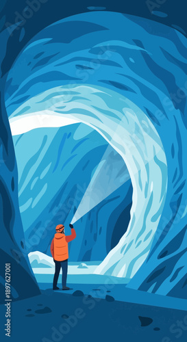 Explorer Illuminating Vast Icy Cavern Depths With Light
