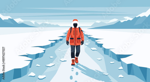 Explorer Navigating Treacherous Icy Terrain With Snow Covered Mountains In Background