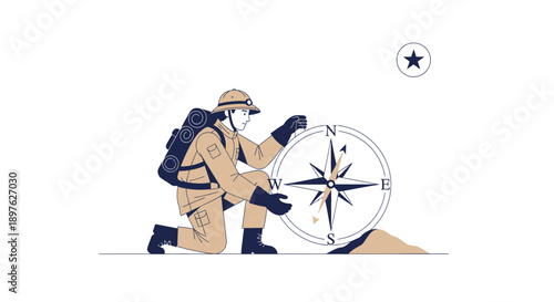 Explorer Navigating With A Compass On An Adventure