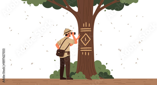 Explorer Observing Ancient Tree Carvings Through Binoculars Adventure Concept