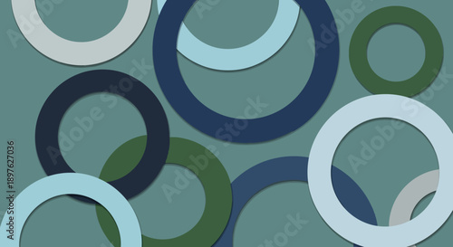 Abstract composition featuring overlapping circular shapes and rings in muted tones of blue, teal, and deep green colors.