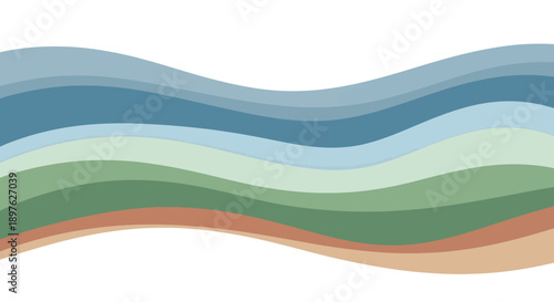 Minimalist layered wave graphic featuring calming earth tones of blue, green, and subtle terracotta against white space.
