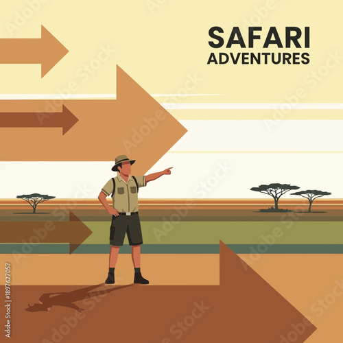 Explorer Points Towards Safari Adventures In African Landscape with Arrows