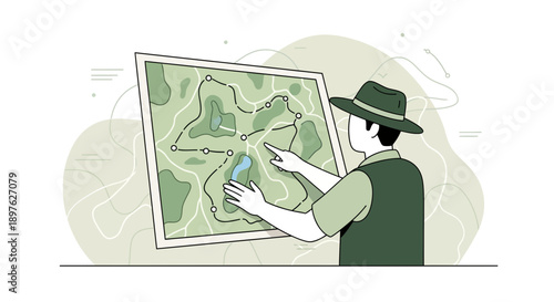 Explorer Studying Topographic Map Planning Outdoor Adventure Expedition