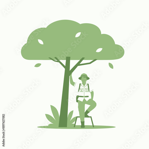 Explorer Underneath Large Lush Tree Canopy Discovering Nature's Wonders