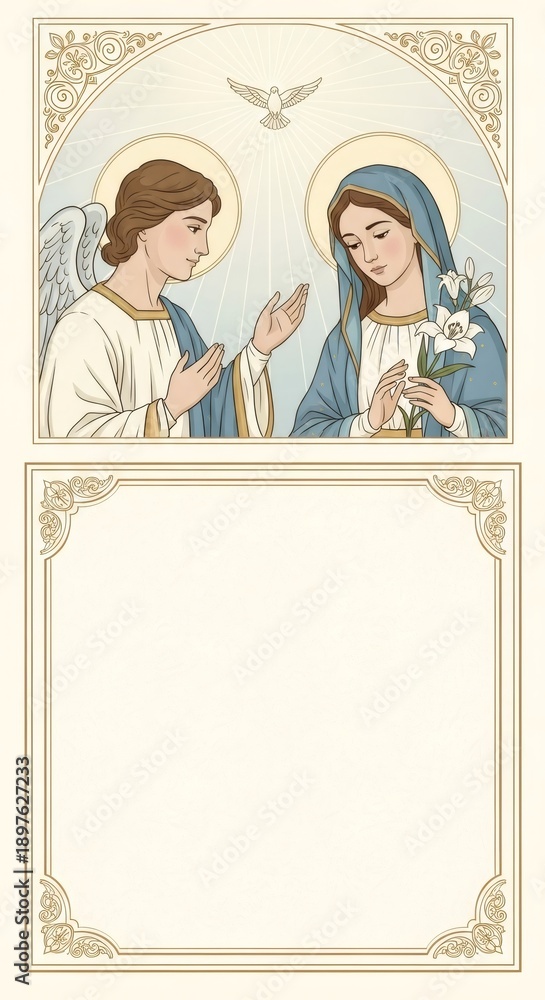 Fototapeta premium Angel and woman with lily illustration. Annunciation scene with dove. Christian religious art for greeting card, Palm Sunday.