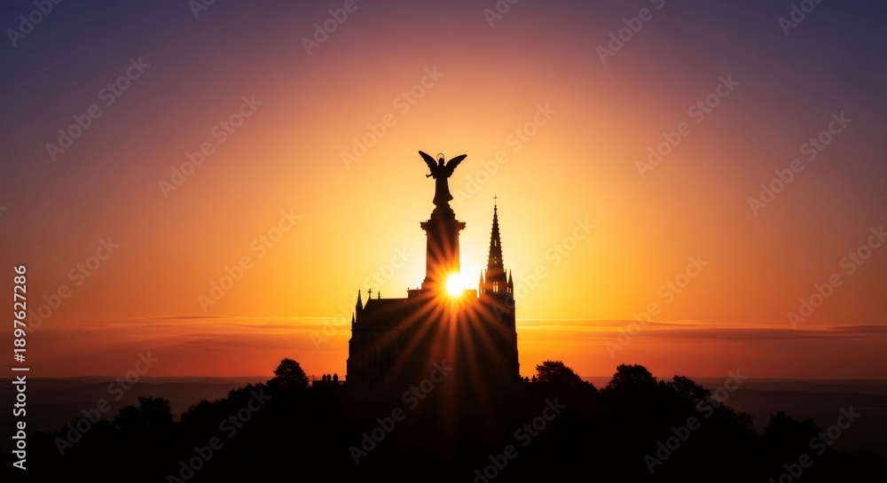 Fototapeta premium Sunset behind an angel statue and church building silhouette on a hilltop. Religious architecture for Palm Sunday worship and spirituality.