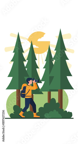 Exploring Nature Through Binoculars in a Vibrant Forest Setting