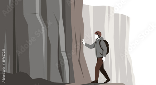 Exploring Rugged Rocky Terrain A Solitary Hiker Ascends Steep Cliff Faces