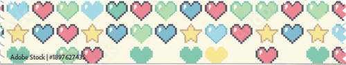 Pixel Art Washi Tape Design with Hearts and Stars - Nostalgic Decorative Element for Scrapbooking, Crafts, and Digital Art with a Retro 8-Bit Aesthetic