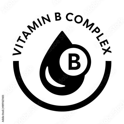 Minimalist Black and White Vitamin B Complex Droplet Infographic Icon for Energy Supplements, Medical Grade Skincare, and Professional Wellness Branding isolated on white - High-Quality Vector Illustr