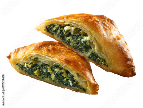 Two delicious spanakopita pastries with a golden crust, displaying their spinach and feta filling Isolated Transparent Background, PNG