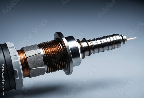 Close-up of industrial machine part with spark tip. Macro 3D illustration of engine spark plug, laser nozzle, or precision sensor.