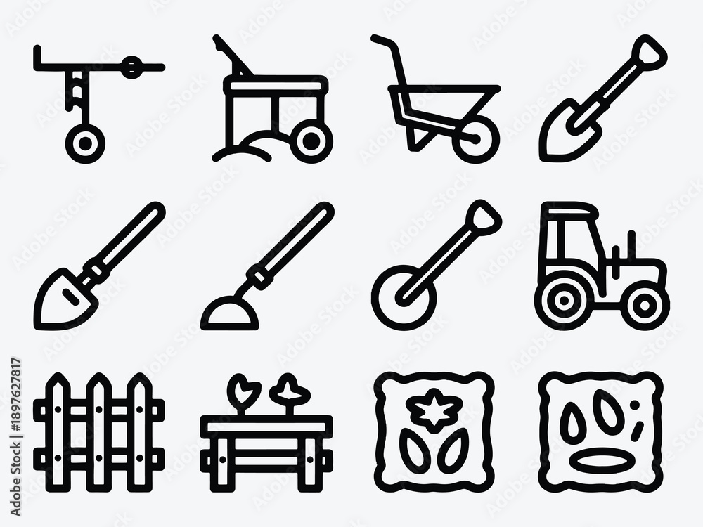 Obraz premium Garden icon set. Agriculture related icons garden tools, gardening, Homi (Korean hand plow), fence, cultivate, sowing, wheelbarrow, shovel, tractor and 