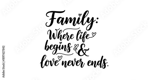 Family Quote Hand-Lettered Calligraphy, "Where life begins & love never ends," isolated white background, Heartwarming Message.