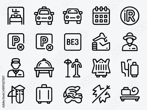 Loan icon set. Money related line icons credit, mortgage, savings, borrow, lender, credit rating, leasing, calculator, income, banking and more. Editable